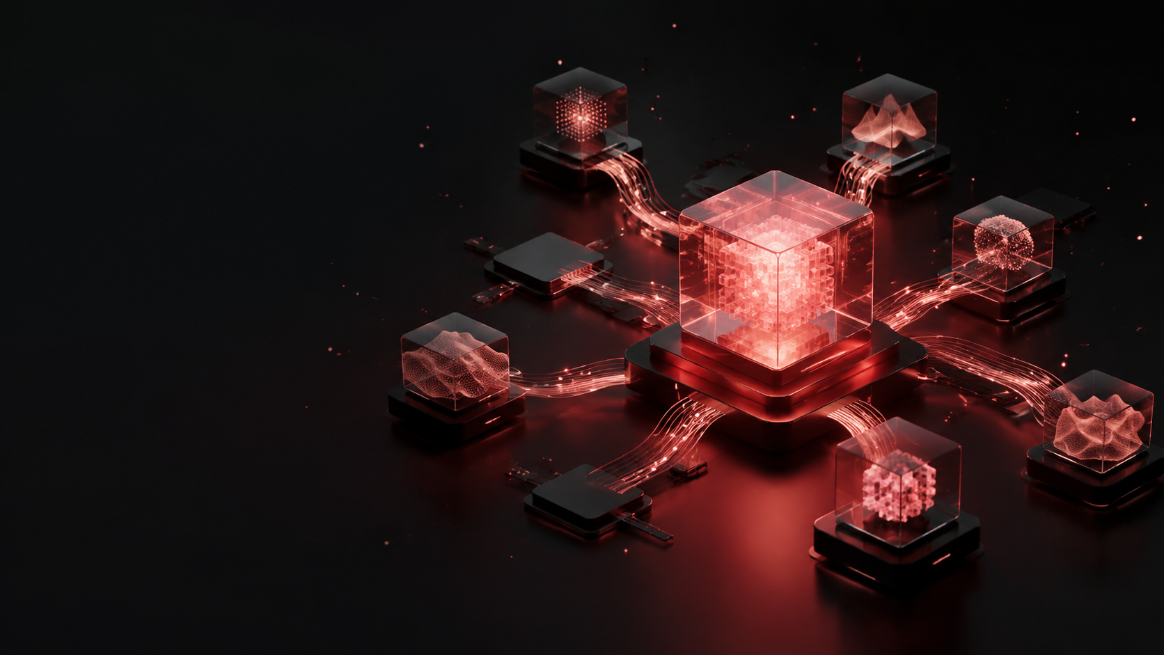 Conceptual glass model modules connected by glowing coral light paths